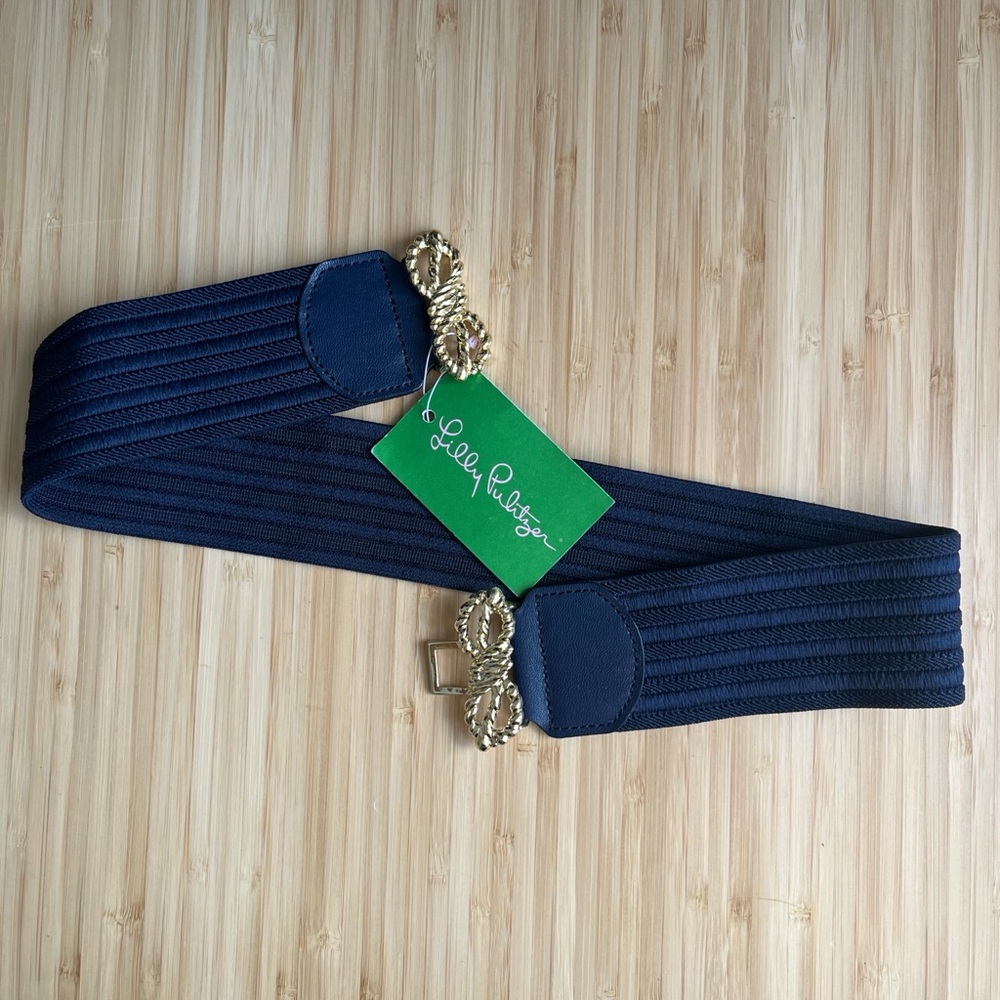 Lilly Pulitzer Navy Ribbed Elastic Belt with Gold Rope Buckle